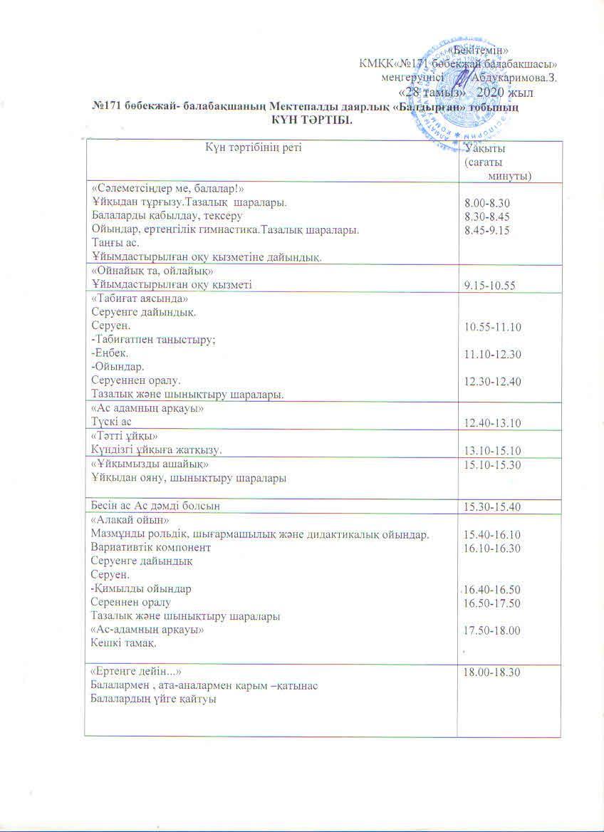 КМҚК "№ 171 бөбекжай - балабақшасының" 2020-2021 оқу жылының күн тәртібі